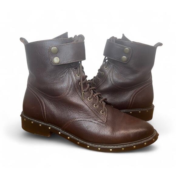 VINCE CAMUTO Combat Boots Leather Talorini Lace Up Burly Brown Studded Sz 9.5 - Picture 1 of 6